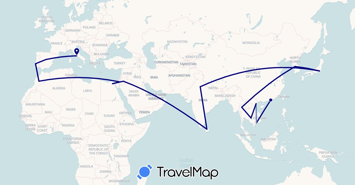 TravelMap itinerary: driving, cycling in China, Egypt, Spain, Israel, India, Italy, Jordan, Japan, Cambodia, South Korea, Sri Lanka, Morocco, Portugal, Thailand, Vietnam (Africa, Asia, Europe)